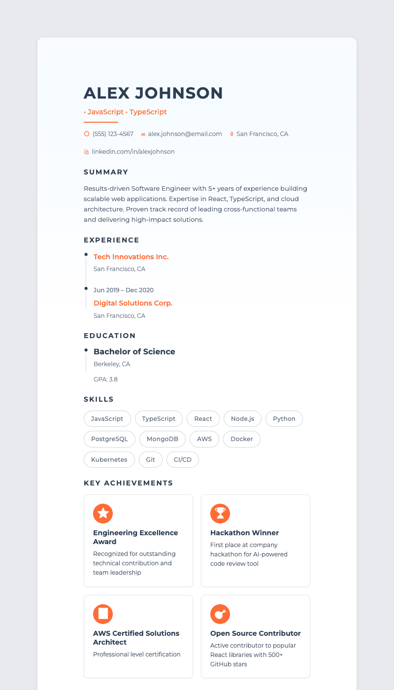 Modern Tech Professional resume template preview